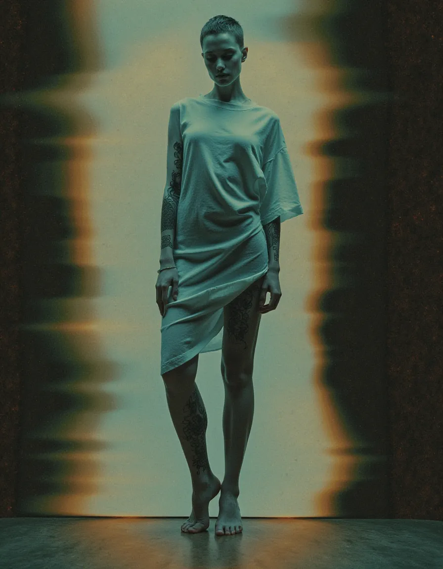 Full-body shot of a barefoot young woman with pixie cut and gothic tattoos, wearing a t-shirt dress, standing in front of an abstract light background with vintage, macabre vibe.