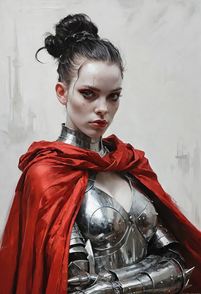A fantasy queen with a bun hairstyle wearing detailed steel armour and a flowing red cape, painted with hyper-realistic oil painting style on a neutral white background.
