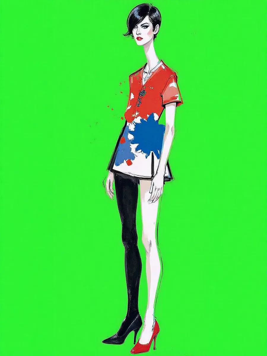 Stylized fashion illustration of a person with an elongated neck and confident pose against a vibrant green background, featuring bold red, blue, and black brush strokes.