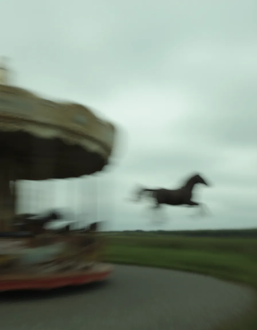 A blurred carousel in rapid rotation with a dark horse figure flying through the air against an overcast sky and outdoor landscape.