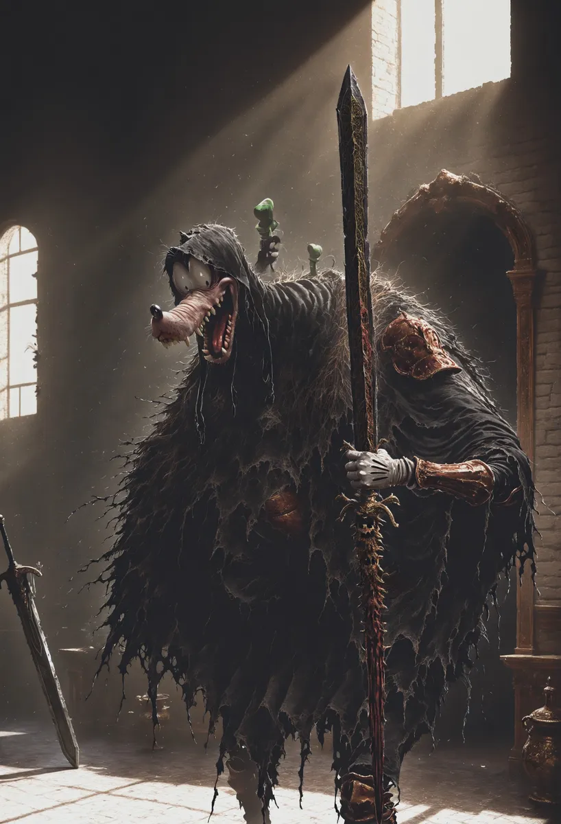 A spooky undead knight with rusty armor and a greatsword, wearing a tattered black cloak, with goofy buck teeth and cartoonish eyes, illuminated by volumetric light in a dark medieval room.