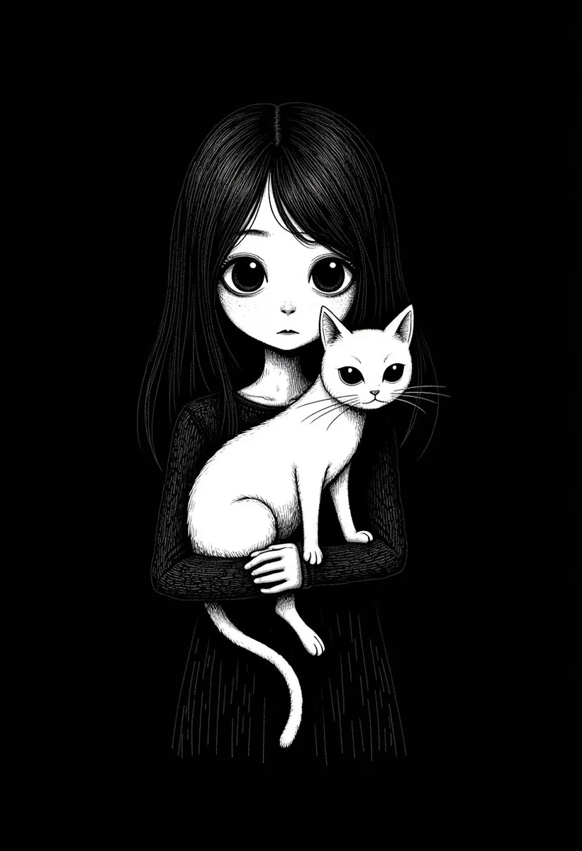 Black and white illustration of a gothic girl with large expressive eyes holding a white cat against a dark, ink-drenched background.