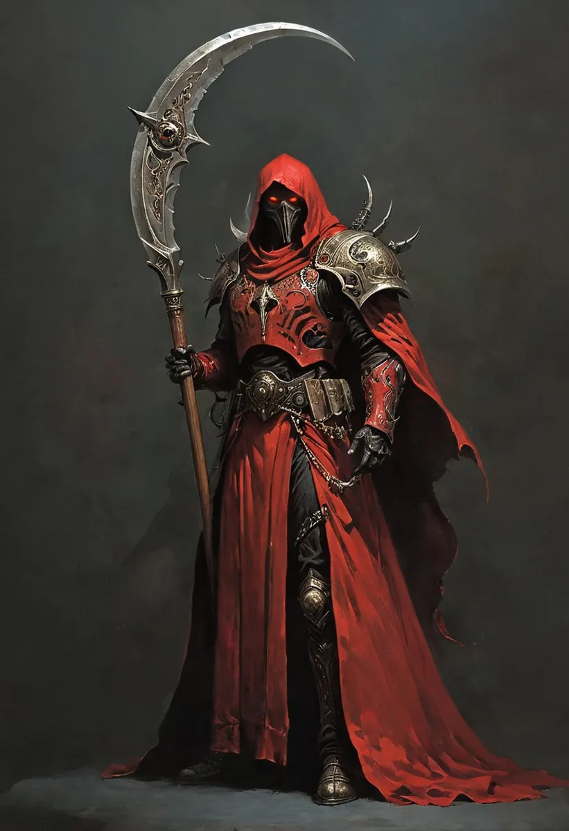 A Tech Priest of the Mechanicum dressed in elaborate red robes and dark armor, holding a large mechanical scythe, standing in dramatic low-key lighting.