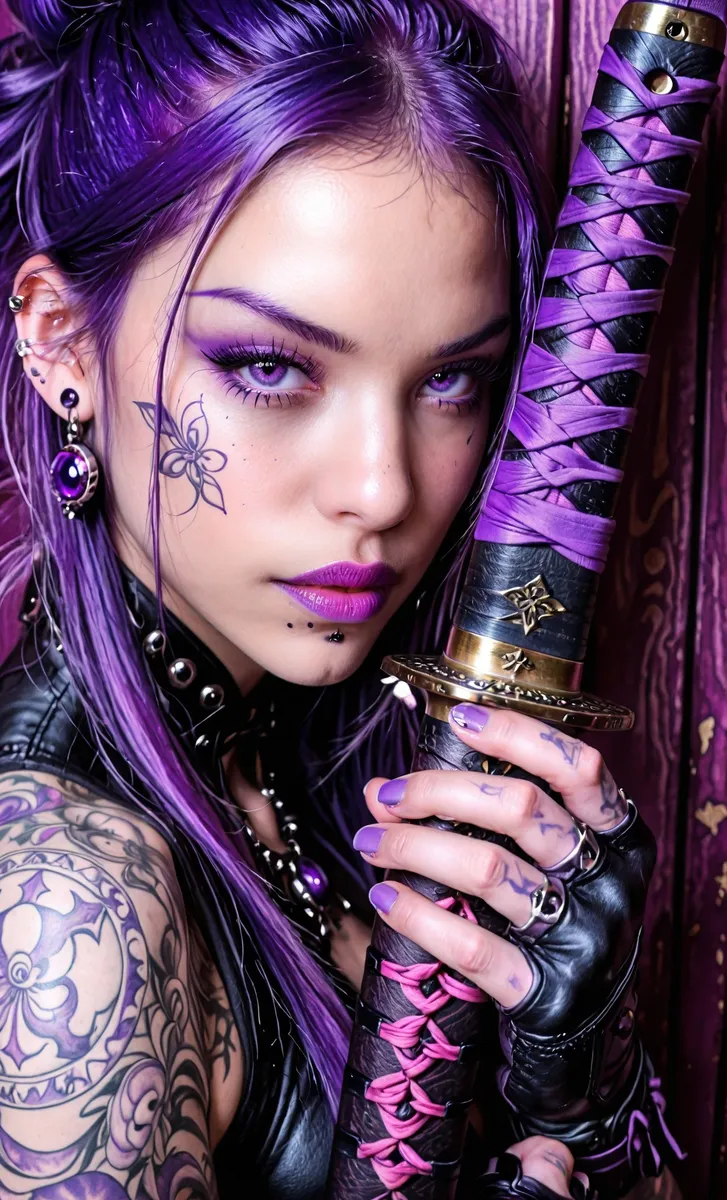 Closeup of a ninjacore woman with purple hair, purple eyes, face tattoo, and purple makeup holding a katana with purple wrappings, wearing gloves and jewelry.