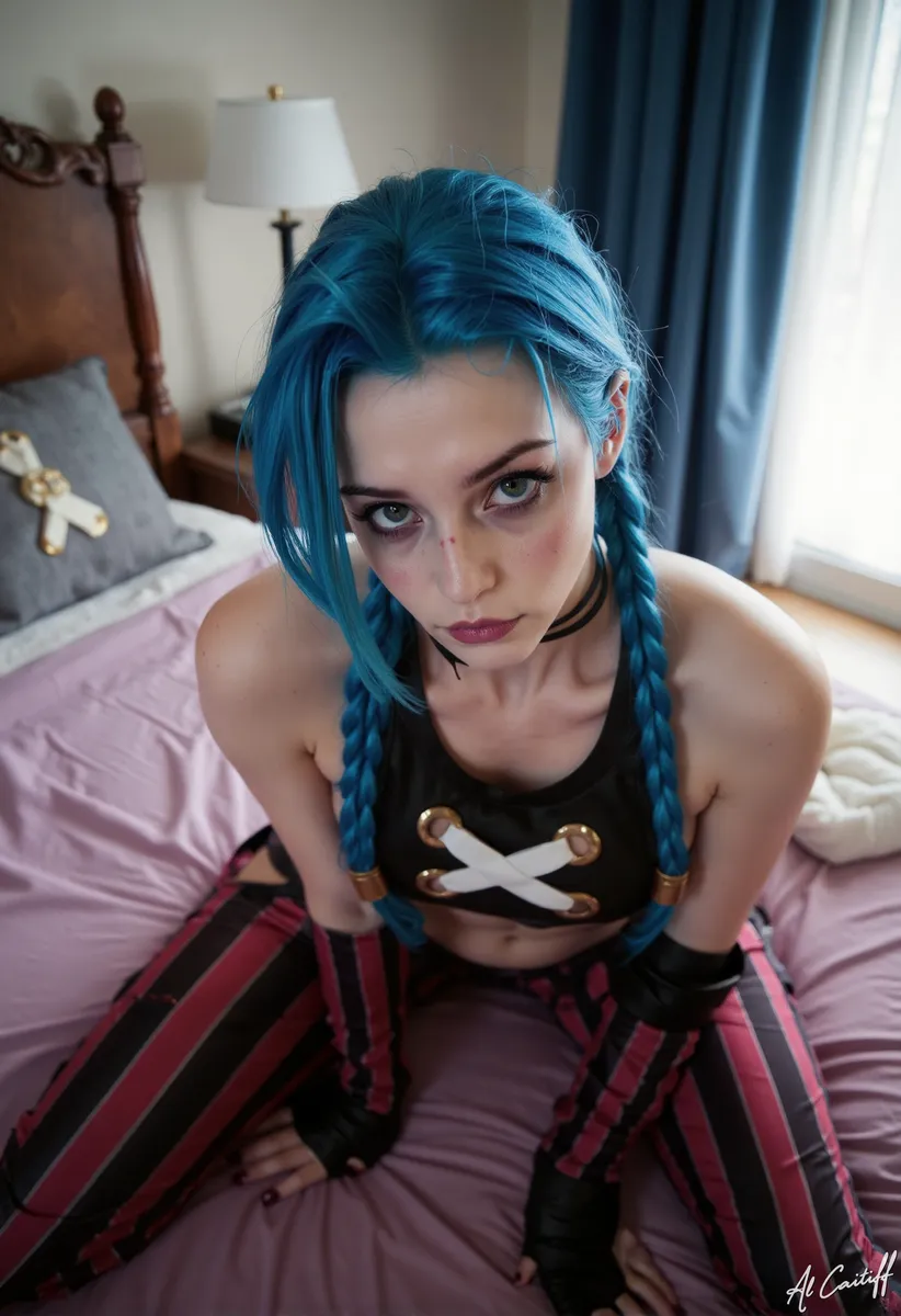 Ultra realistic image of a woman with long braided blue hair, dark makeup sitting on a bed wearing black top and striped pants.