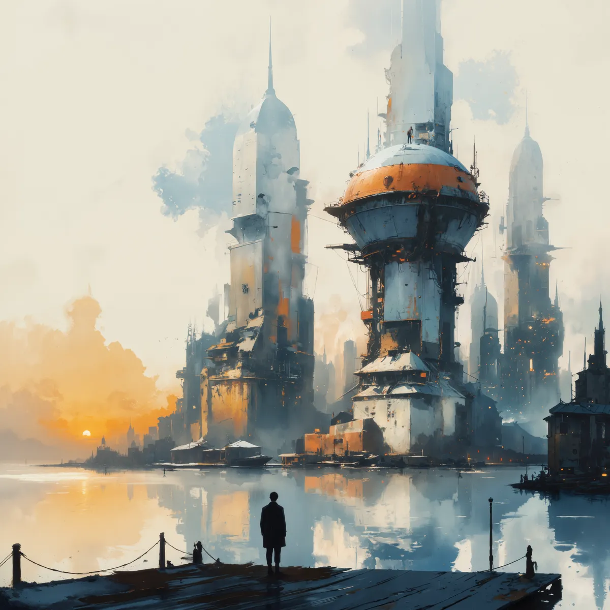 A silhouette of a person standing on a pier overlooking a futuristic cityscape with tall towers reflected on calm water under a pale orange sunset sky.