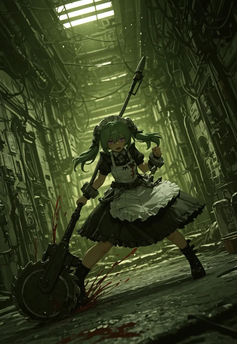 A green-haired maid with purple eyes wearing a black dress and white apron stands in a fighting stance indoors at a robot factory, wielding a circular saw weapon with blood splashing on the floor.