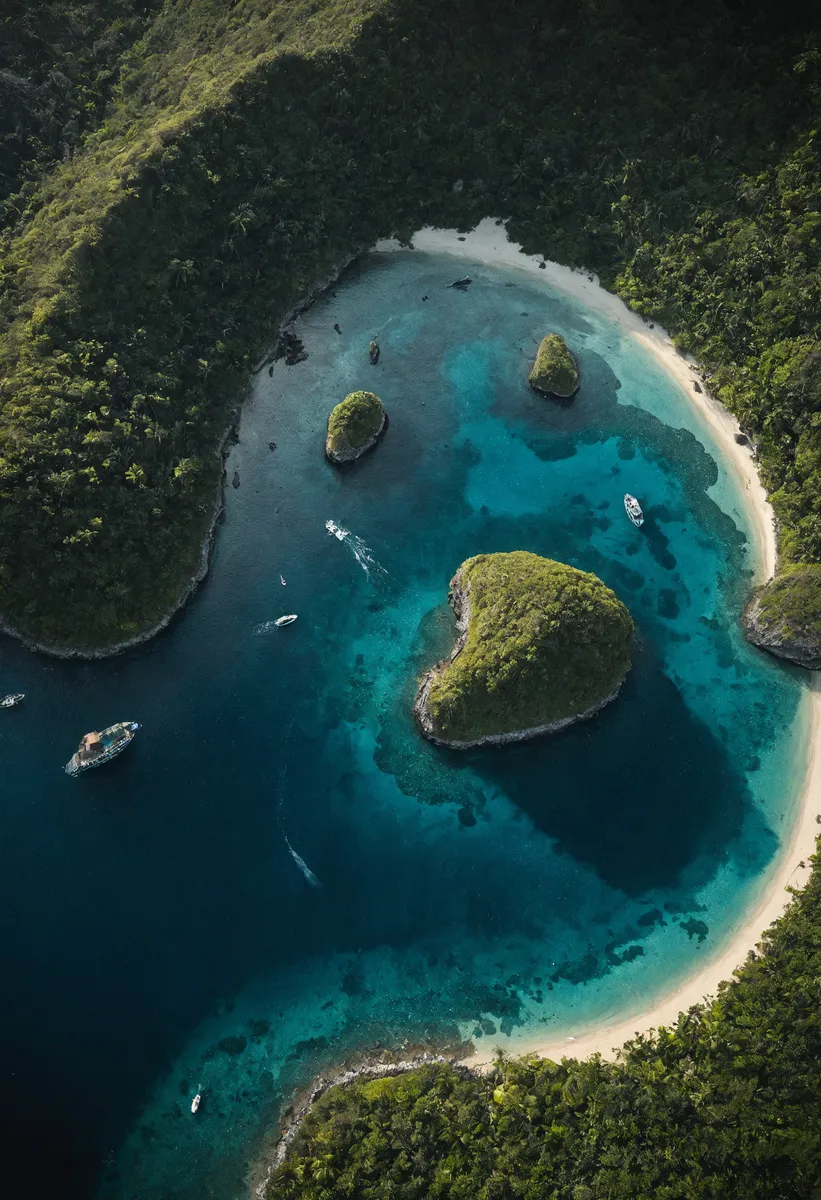 A photorealistic aerial image of an Indonesian island group showing lush greenery, clear turquoise waters, sandy beaches, and small boats cruising the ocean.