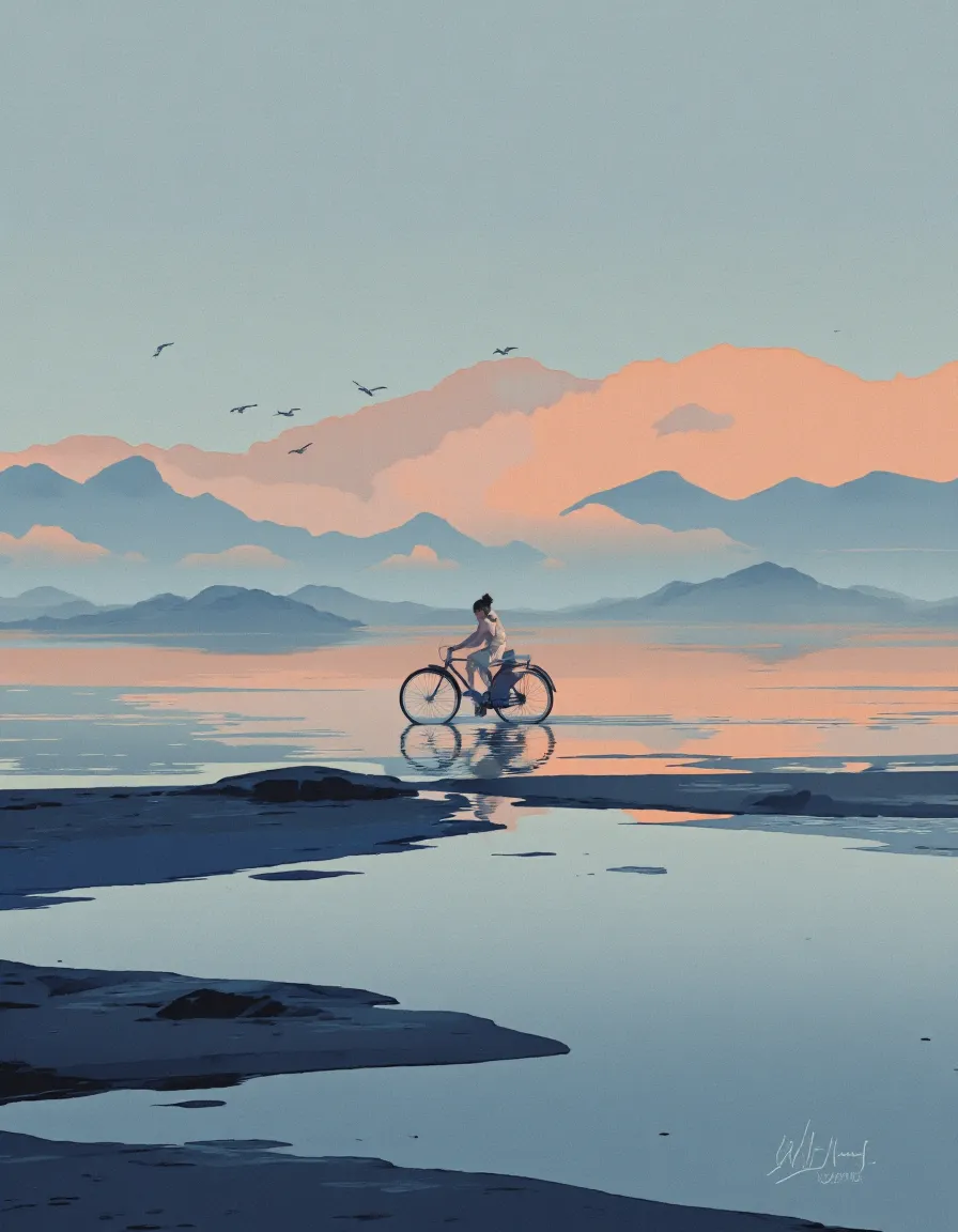 Surreal digital landscape with a person riding a bicycle across reflective shallow water, silhouetted mountains under an orange and blue sunset sky with birds flying.