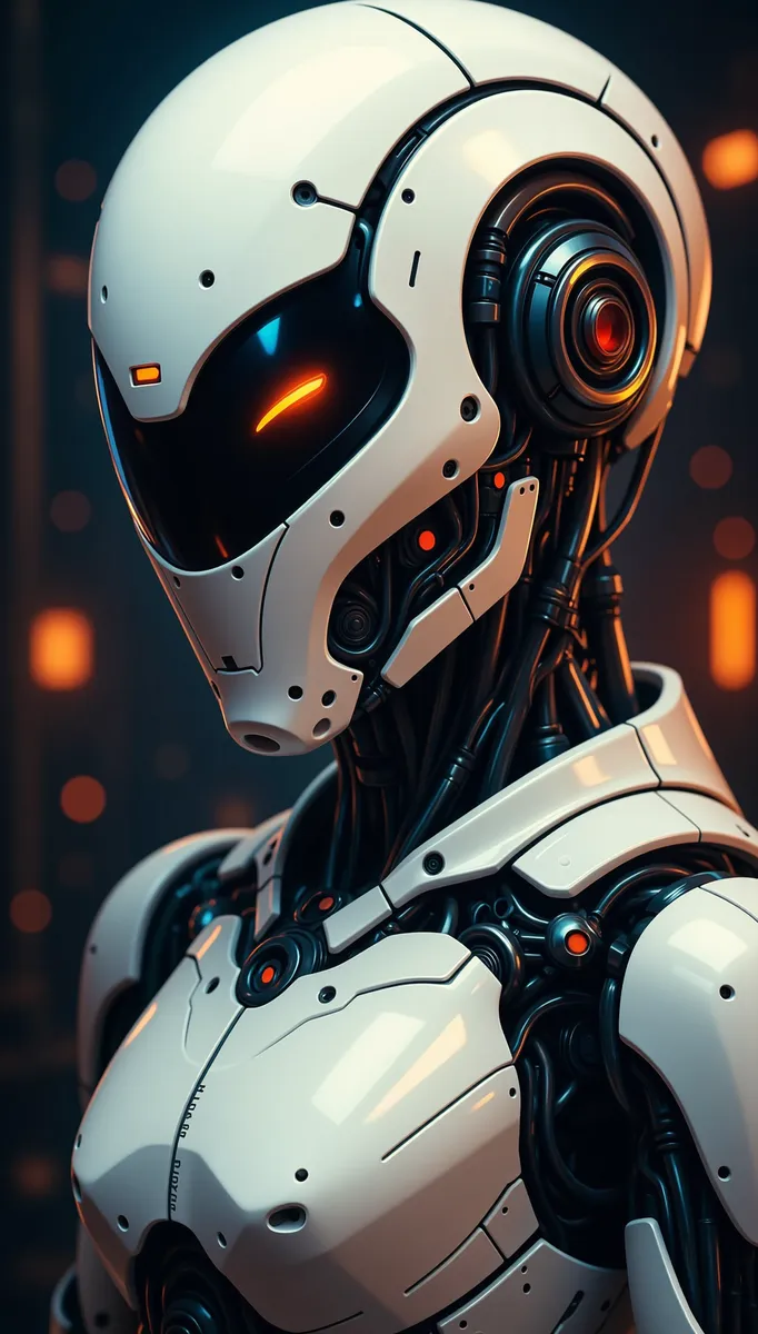 Highly detailed CGI rendering of a humanoid robot with a sleek white helmet, glossy reflective visor, orange glowing eye, and visible mechanical parts.