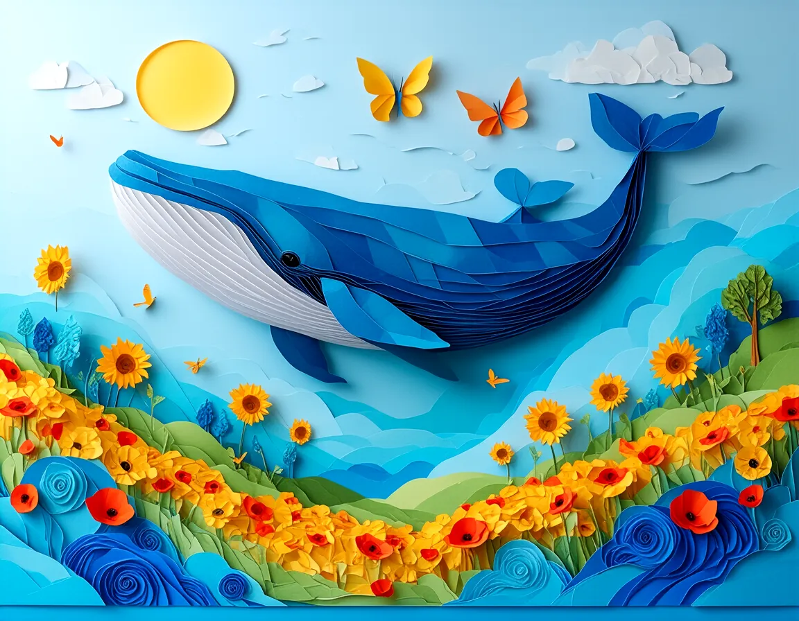 A large blue whale made of layered blue-gray paper flying over a vibrant field of yellow sunflowers and red poppies with paper butterflies and birds in a bright blue sky with paper clouds and a yellow sun.