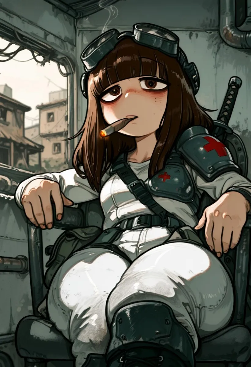 A post-apocalyptic field medic woman with tired eyes and rusty goggles on her head smoking a cigar, sitting in a rusty clinic surrounded by urban decay.