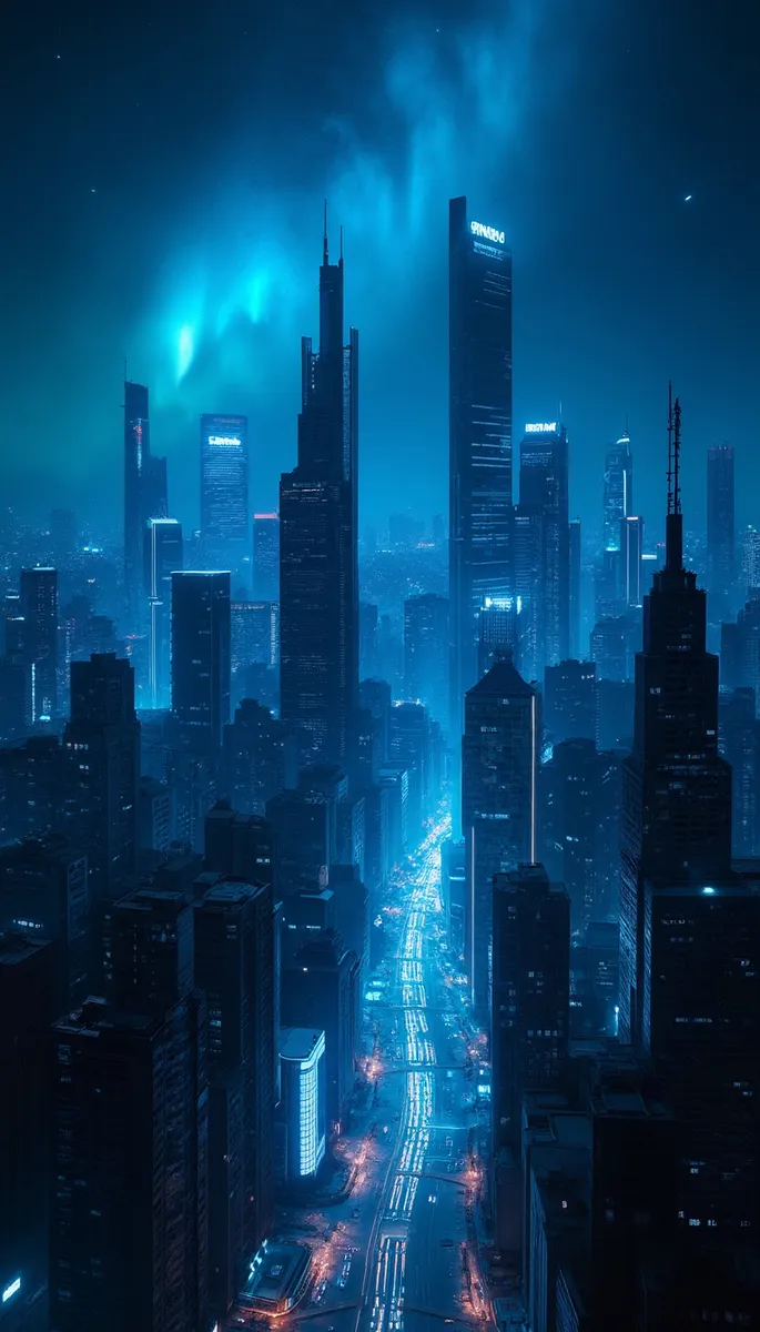 A nighttime futuristic cityscape illuminated by blue lights with towering skyscrapers and a starry sky overhead.