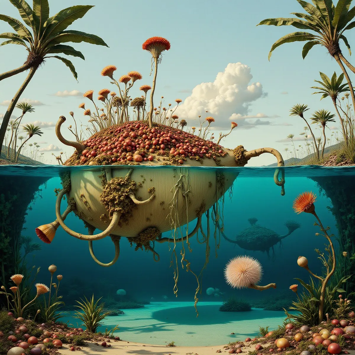 A surreal tropical lagoon scene featuring a floating island covered in aubergine and venetian red plants, with palm trees on shore and clear skies above.