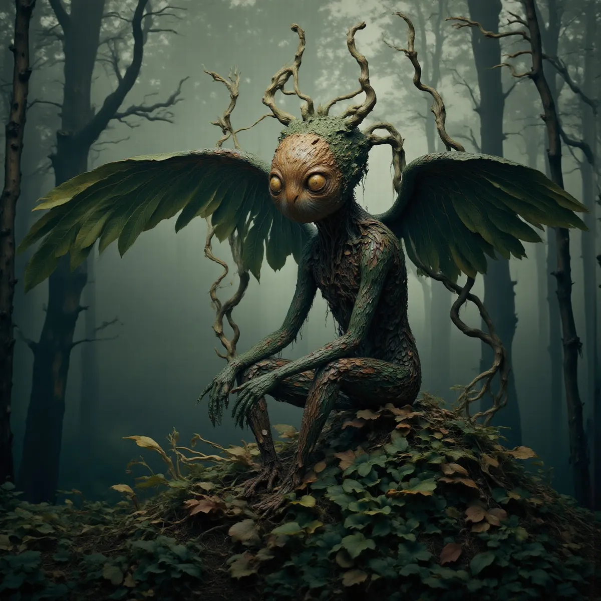 A mystical winged humanoid creature with moss-covered skin, twisted branch antlers, and wide eyes, sitting on a leafy forest floor in a misty woodland.