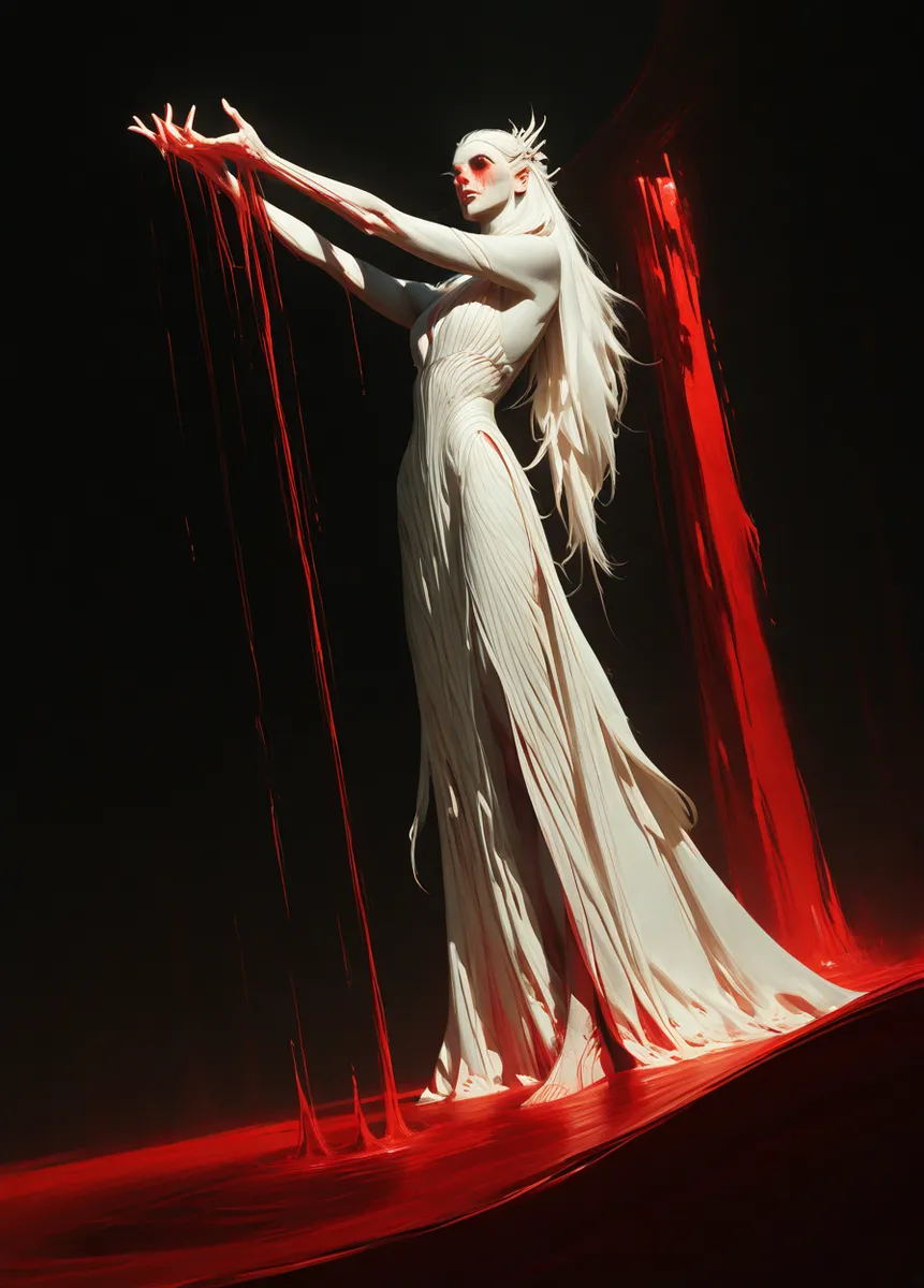 A realistic albino woman with long white hair and a backless white gown stands in crimson liquid dripping from her hands against a dark background with dramatic lighting.