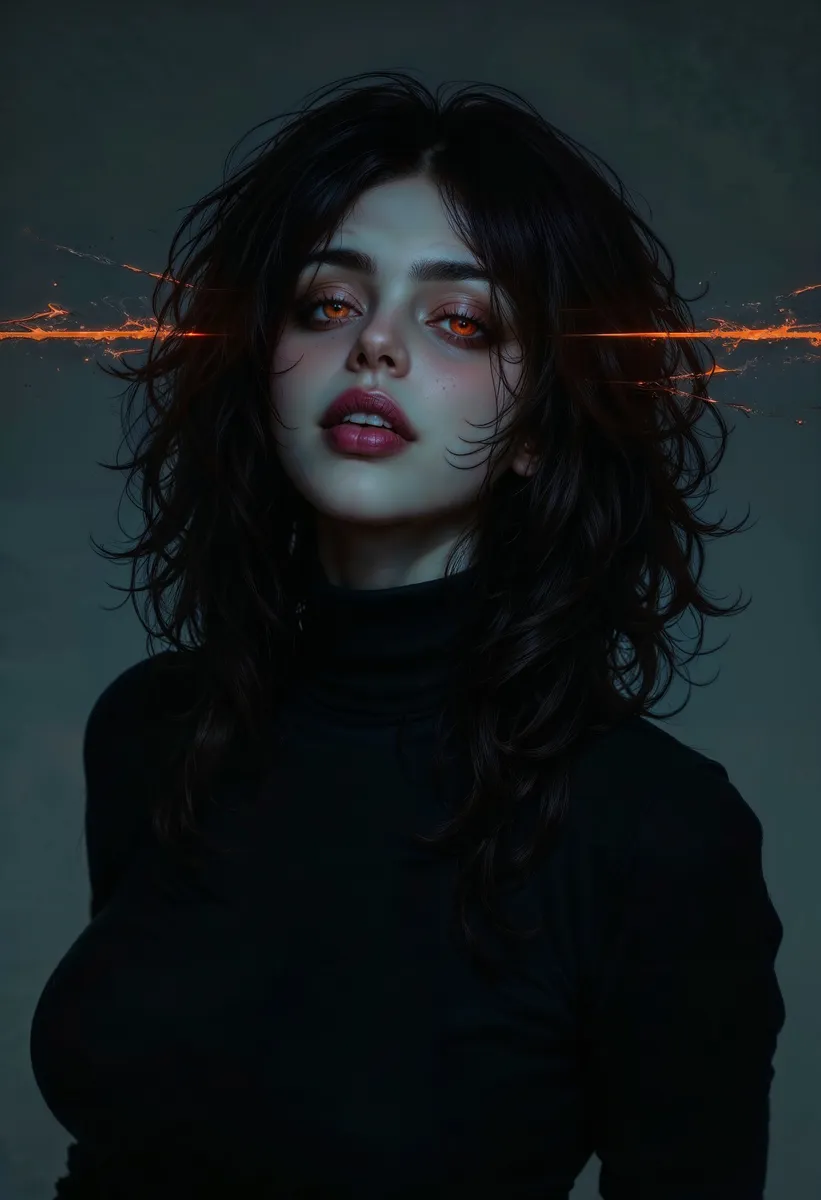 A digital painting of an ethereal woman with glowing orange eyes, dark tousled hair, wearing a black turtleneck, with two thin orange lines crossing her face in a dark, moody atmosphere.