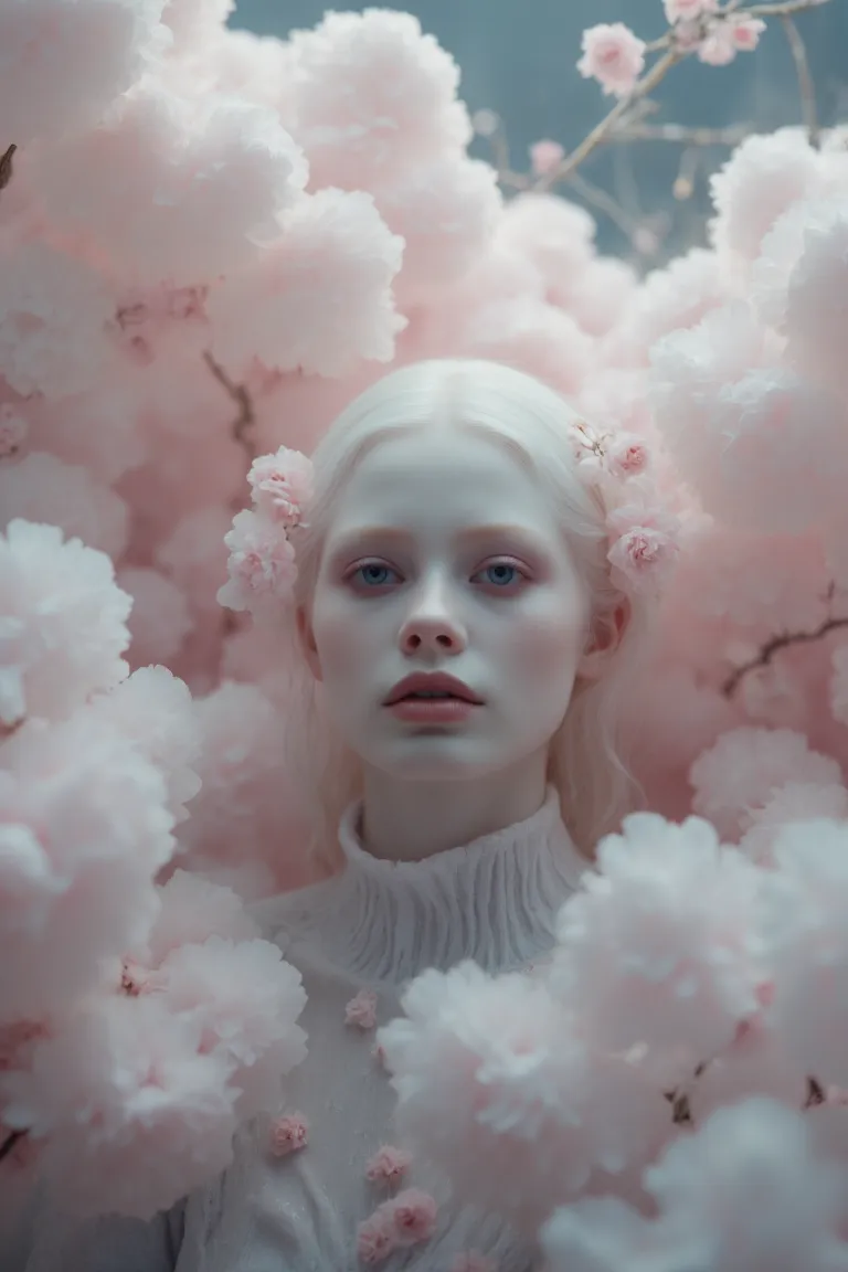 Portrait of a pale woman surrounded by soft pink flowers in a dreamlike and ethereal atmosphere with high contrast and monochromatic tones.