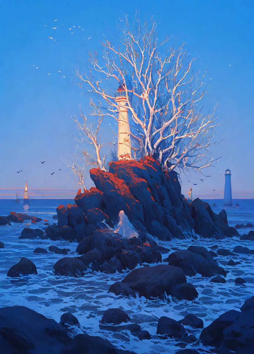 A vivid painting of a lighthouse on rocky shore surrounded by a large dead white tree under a clear blue morning sky with sea waves, birds, and a girl sitting on rocks.
