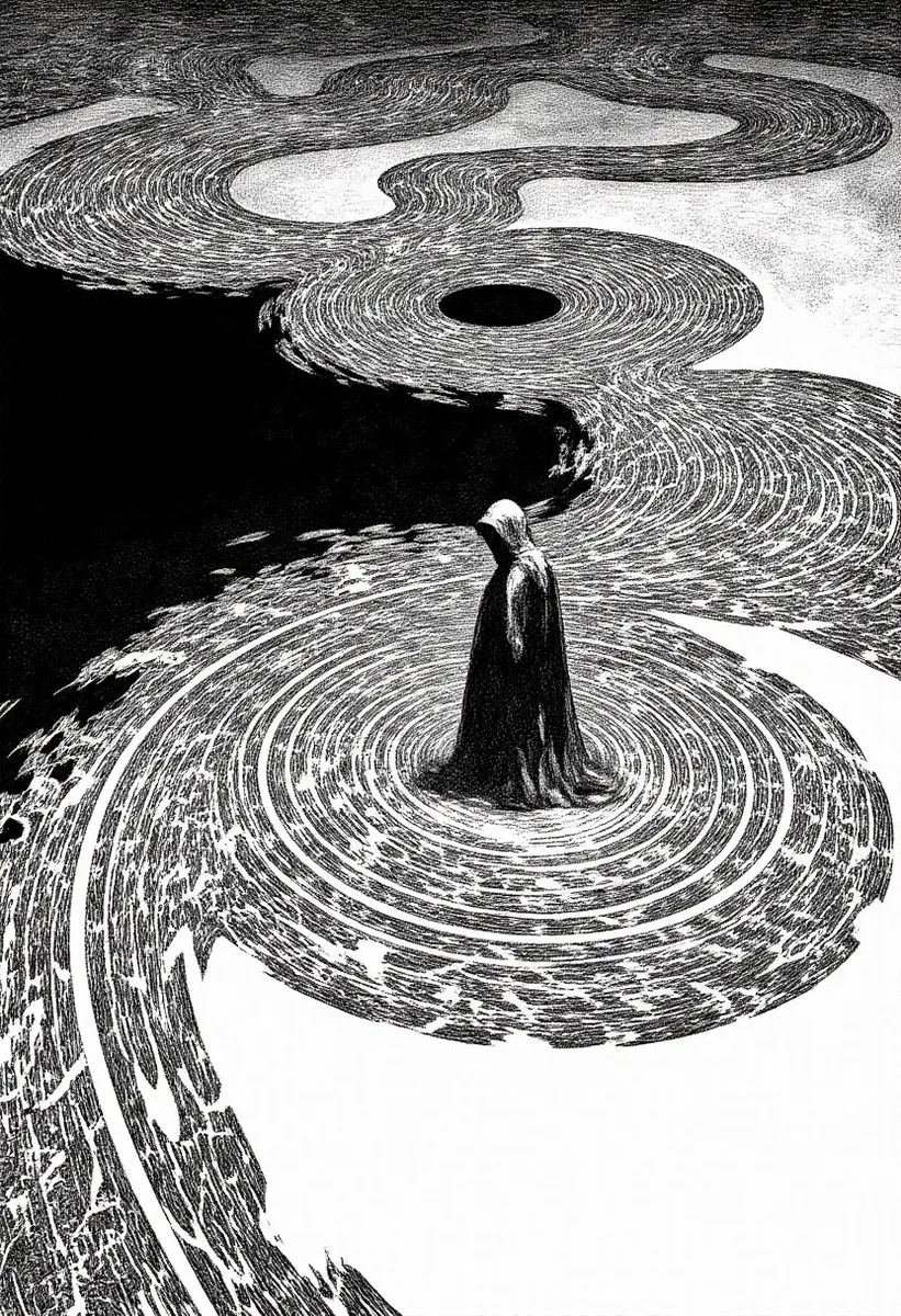 High contrast black and white surrealist illustration featuring a solitary hooded figure in a flowing black cloak standing at the center of concentric ripple patterns spreading outward in a void.