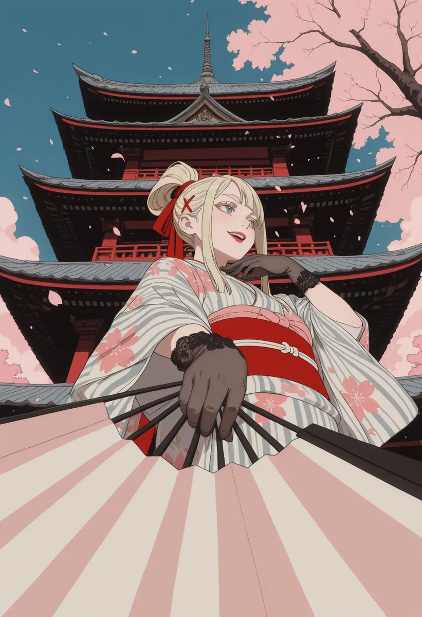 A blonde woman in a floral patchwork kimono with black lace gloves poses with a folding fan in front of a red Japanese pagoda, surrounded by falling cherry blossom petals against a blue sky with pink clouds, drawn in ukiyo-e flat color style.