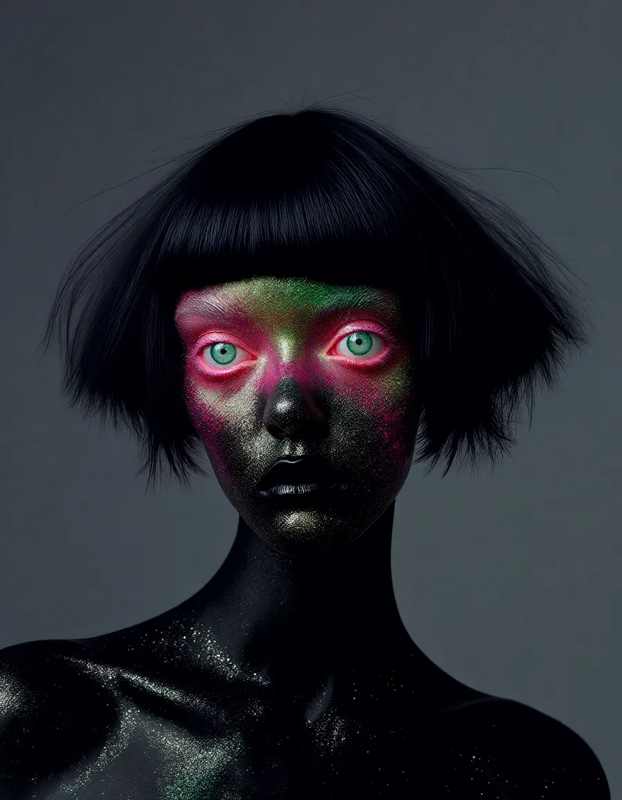 A surreal portrait of a woman with voluminous black hair and a face covered in shimmering dark cosmic glitter with pink and green iridescent pigments, glowing green eyes, and a dark, subtle expression against a dark gradient background.