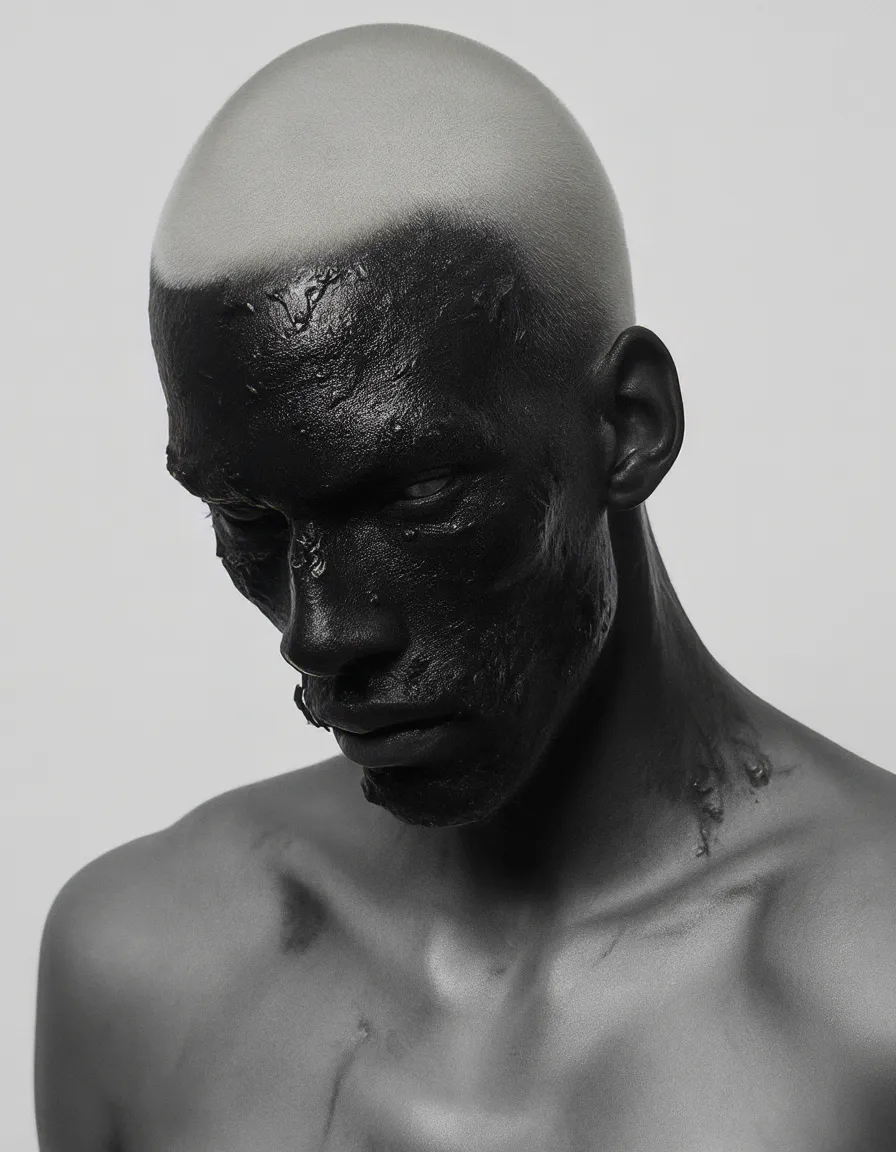 High-contrast portrait of a bald man with pale skin partially covered in a glossy black substance, looking downwards against a soft gray background.