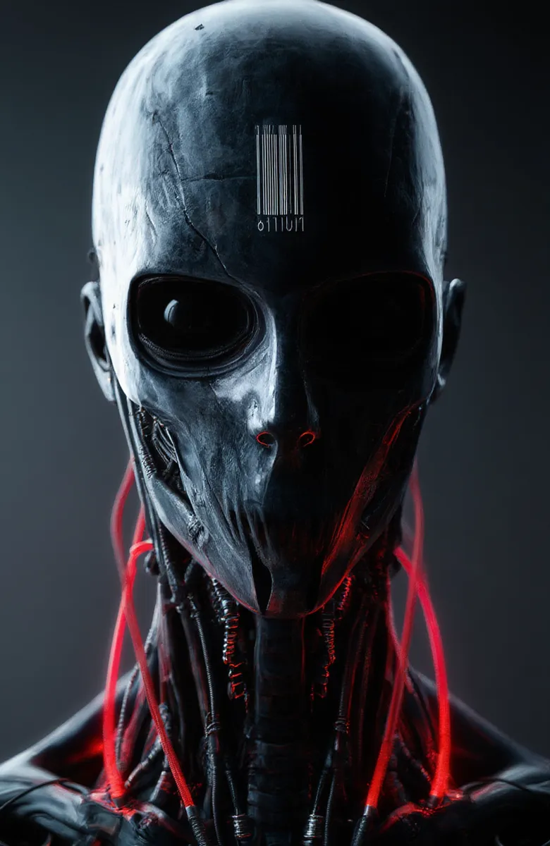 Close-up digital painting of a cybernetic humanoid with a skull-like dark metallic face, glowing red wires on the neck, and a barcode on the forehead.
