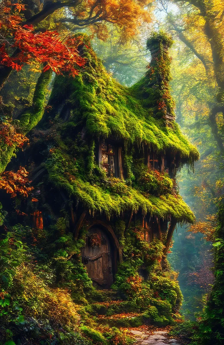 A whimsical moss-covered cottage nestled in a lush, sunlit forest with vibrant autumn foliage and a thatched roof.