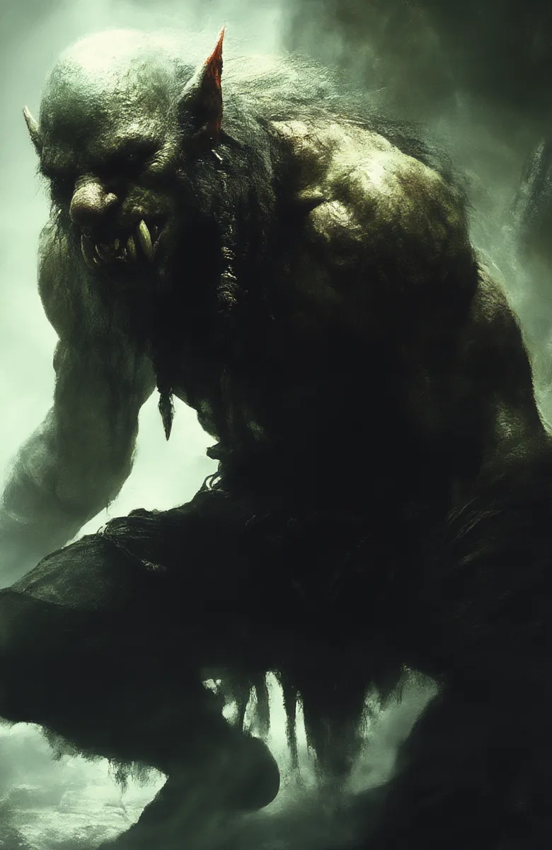 A dark digital painting of a muscular, grotesque, bald goblin with a large nose and sharp teeth crouching menacingly in a foggy environment.