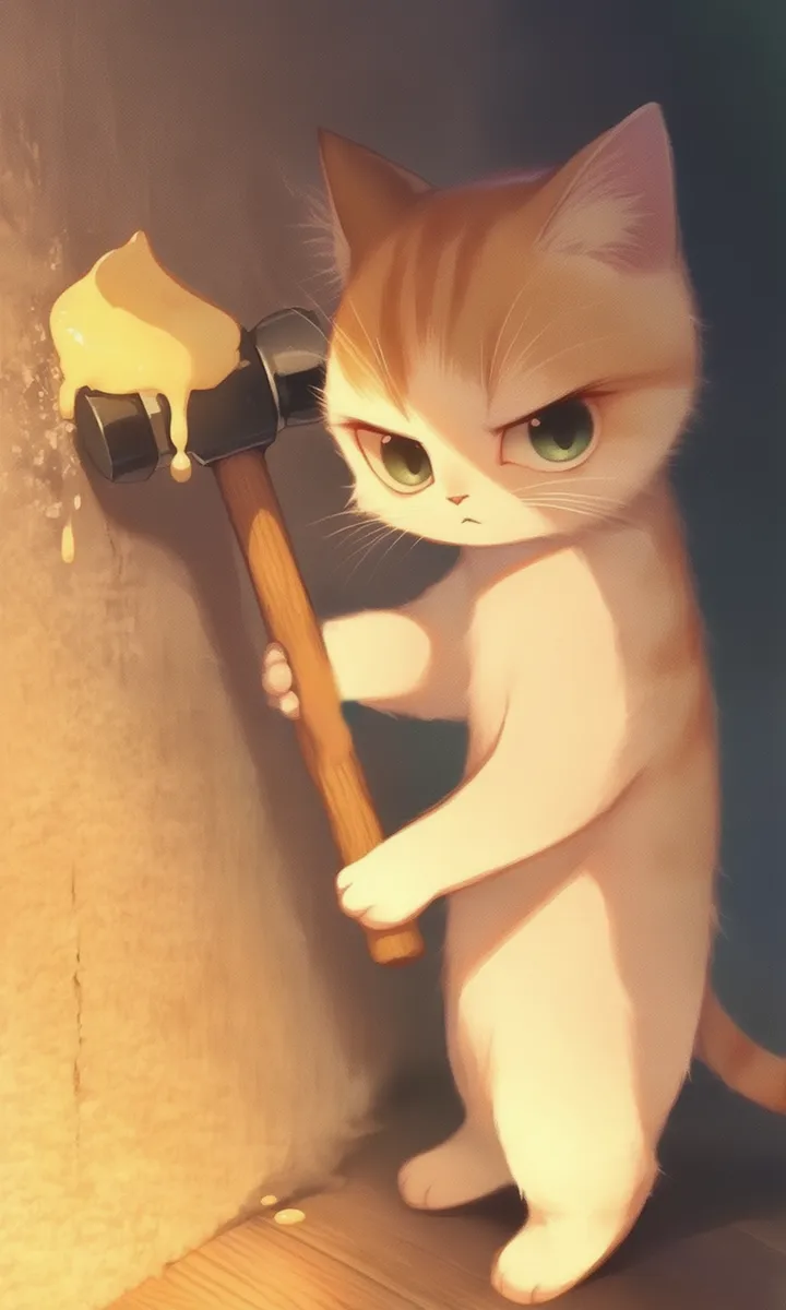 Side view of a serious-looking anime cat holding a hammer, hammering loose pudding off the wall in a traditional act.