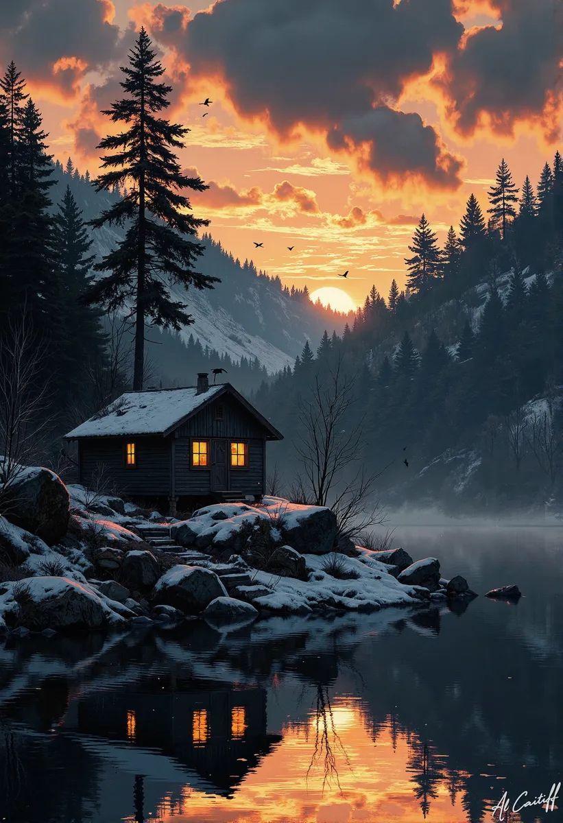 A small wooden house with warm yellow lights on a snowy hillside beside a calm reflective lake under a vibrant sunset sky, surrounded by tall pine trees and dark forest.