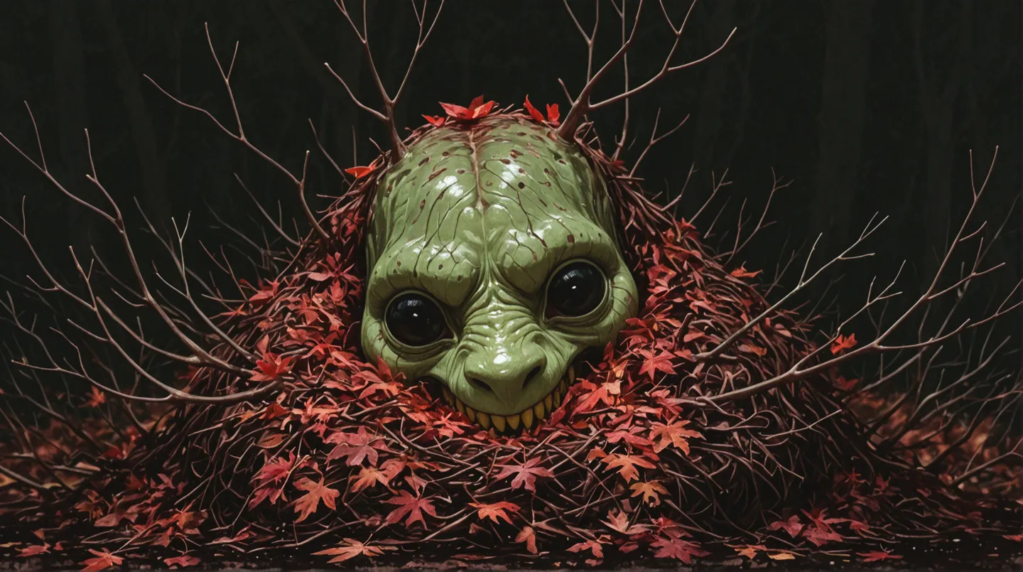 Grotesque creature with sickly green skin, beady black eyes, and jagged yellow teeth peeks from a nest of crimson autumn leaves and twisted branches against a dark background.