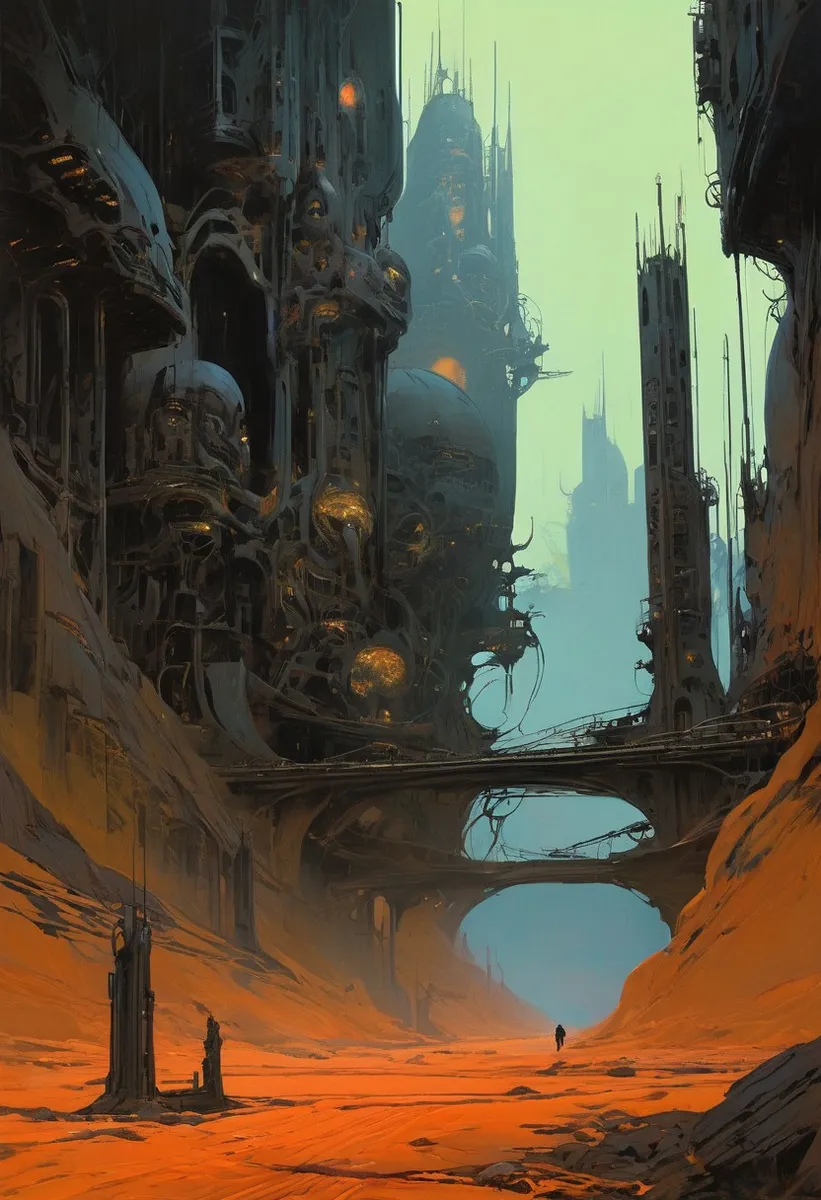 A nightmarish landscape featuring towering, dark biomorphic and mechanistic structures blending bone, metal, and flesh against an eerie green sky over an orange barren ground with a lone figure in the distance.