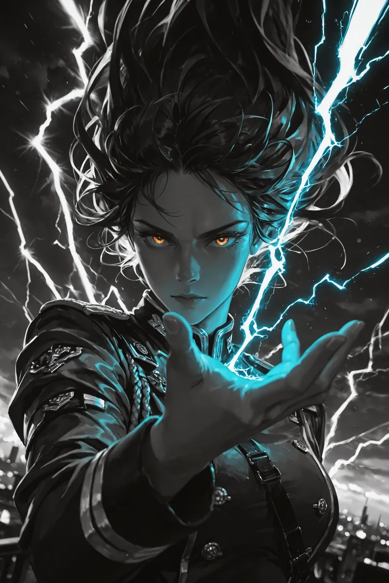 Portrait of a woman in a military uniform with glowing orange eyes and lightning crackling from her extended hand, set against a dark night sky with mountains in the background.