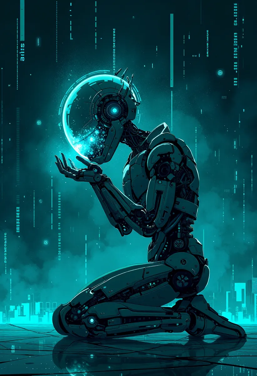 A sleek futuristic droid kneeling on the ground with his head in his hands, featuring a helmet with blue green luminous circuits and antennas, against a matrix code digital background.
