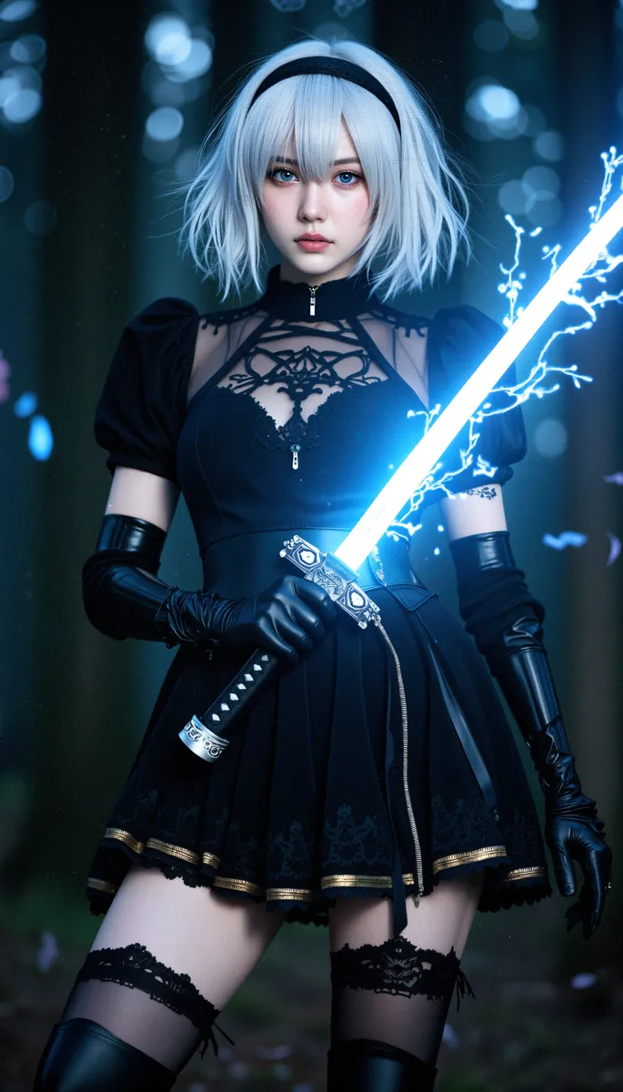 A silver-haired woman with short hair and pale skin stands in a dark forest holding a glowing blue katana emitting electric light, dressed in a black gothic combat dress with lace and gold trim.