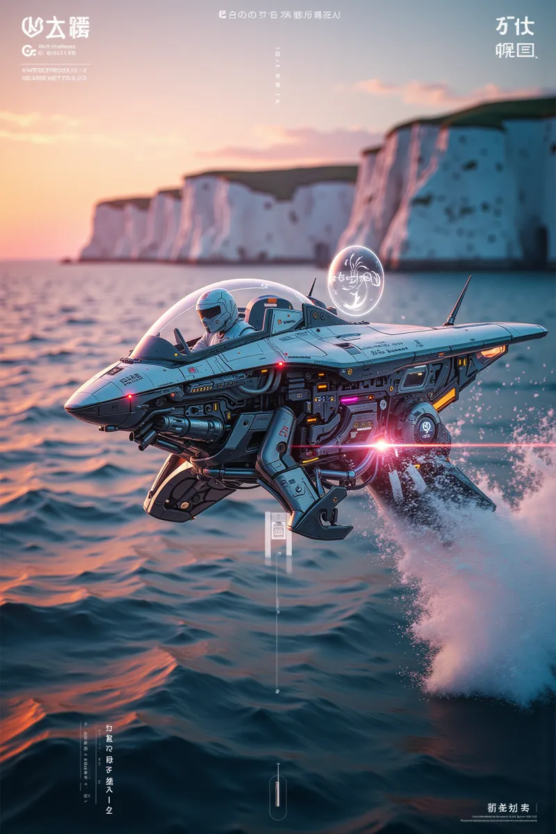 Side view of a futuristic spaceship with a plaice-shaped chassis flying just above ocean waves near white cliffs during sunset, with a pilot inside and a glowing force shield.