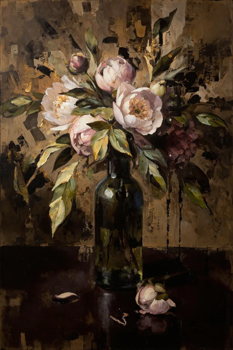Still life painting featuring a glass bottle holding wilting peonies with one detailed flower, set against a chaotic, textured background with paint drips.