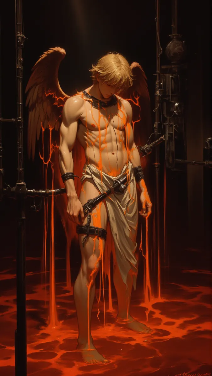 Horror-themed oil painting of a blonde-haired angel strapped to a machine with glowing tubes in a dark room filled with deep orange liquid.