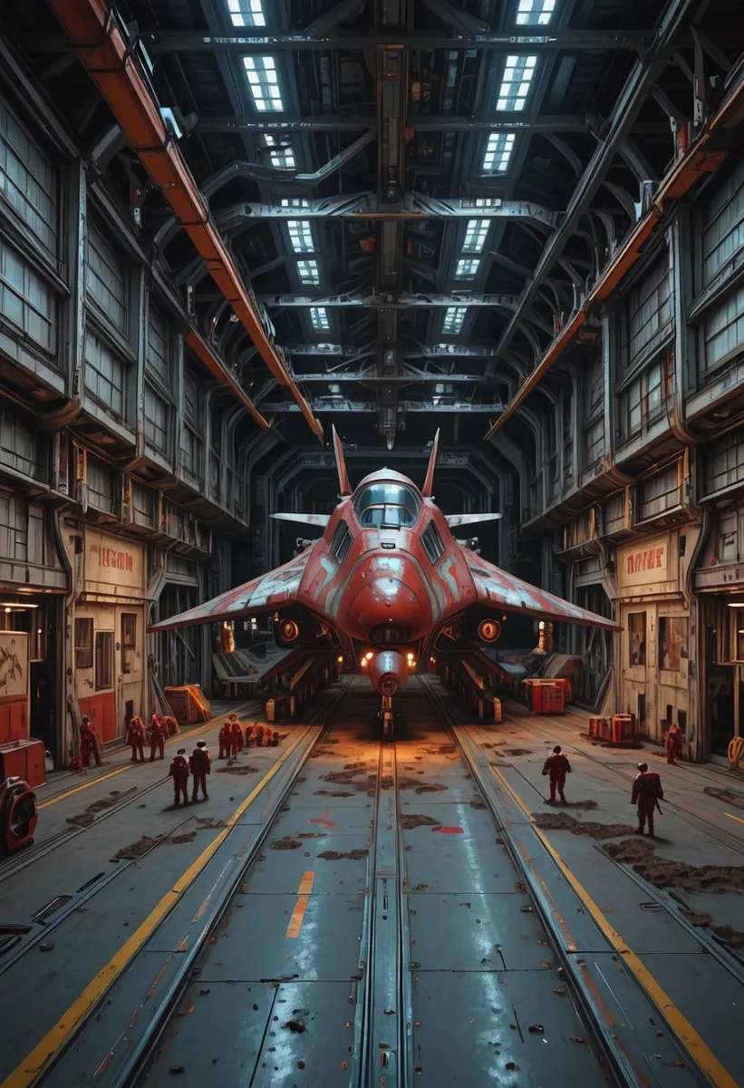A red spacecraft with war paint stands inside a large, rusty cyberpunk space station hangar bay with tiny people around it and kanji signage visible.