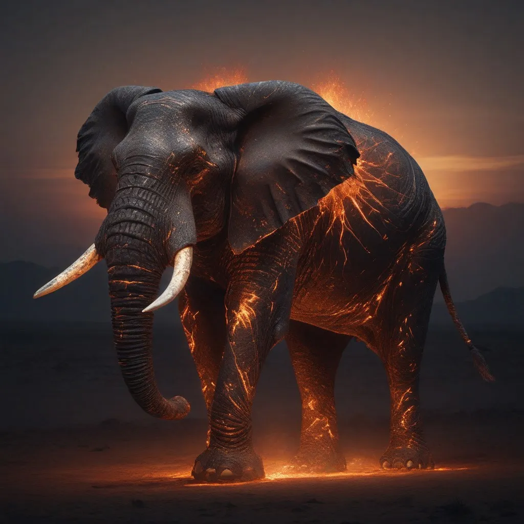 A massive elephant with glowing magma cracks on its skin standing on desert plains at night with a volcanic glow illuminating the ground beneath it.