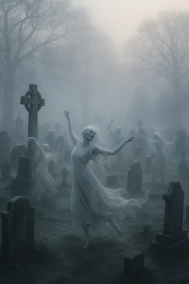 Ghostly figures dancing and emerging from the fog in a misty morning gothic cemetery surrounded by tombstones and eerie atmosphere in photo realism style.