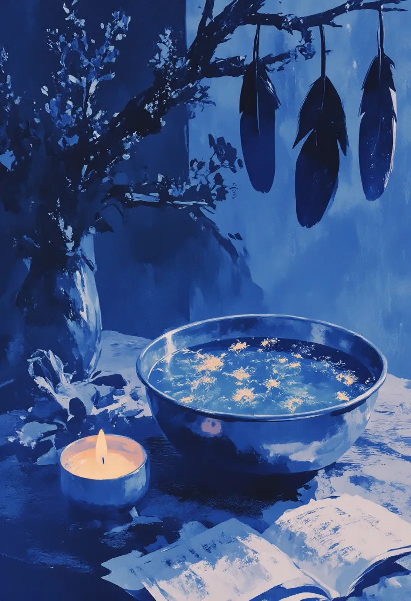 A silver bowl filled with rainwater and floating dandelions sits on a worn table illuminated by a flickering blue candle flame, accompanied by hanging black feathers and druidic calendar pages.
