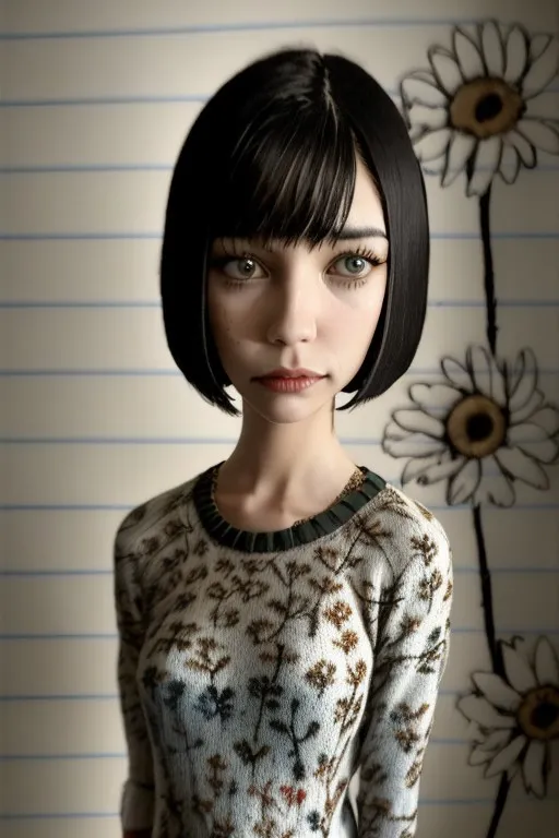 Digital portrait of a young woman with a bob haircut wearing a floral patterned sweater against a backdrop featuring large daisies on a soft striped wall.