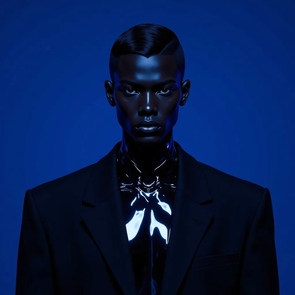 A striking high-fashion portrait of a subject with deep dark skin and a metallic sheen, styled with a geometric flat-top haircut and wearing an oversized black blazer against a deep blue background.