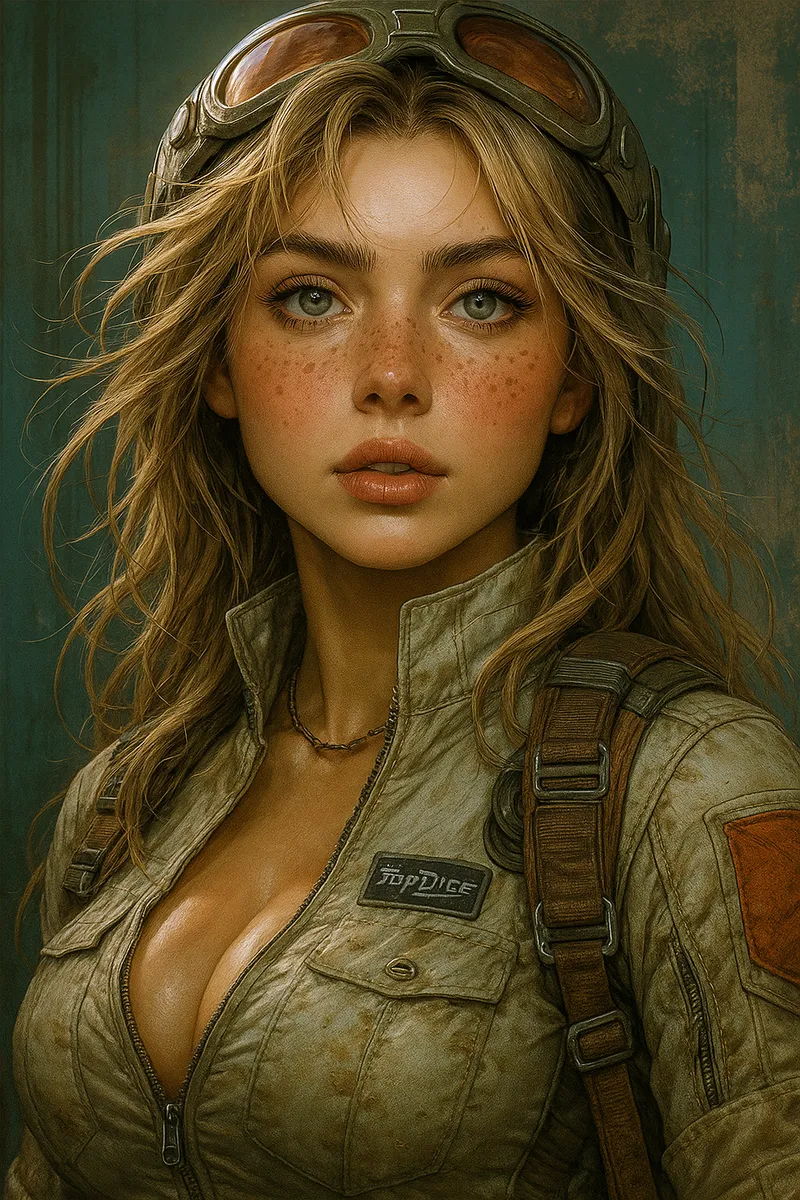Realistic portrait of a blonde woman with freckles, wearing a weathered pilot jacket and goggles on her head