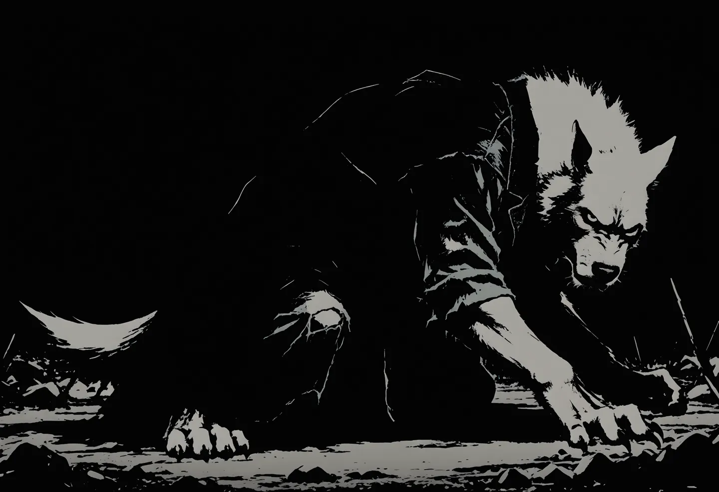 Black and white image of a giant anthropomorphic werewolf with white fur in a dynamic fighting pose wearing ripped clothing and looking angrily at the viewer.