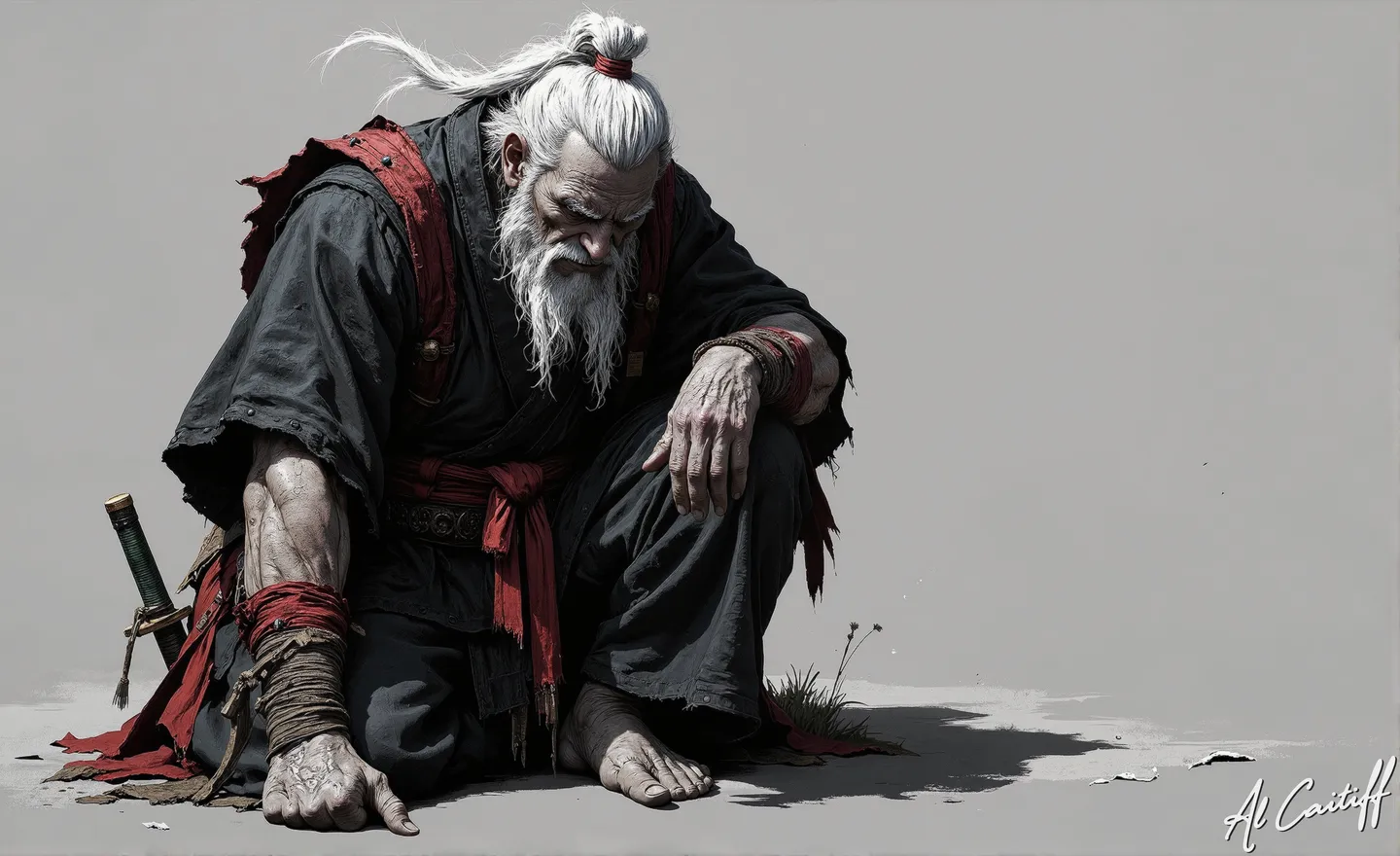 An elderly, muscular samurai with long white hair tied in a topknot and a full white beard, crouching in a tattered black kimono with a red sash, gripping a sheathed katana, against a plain gray background.