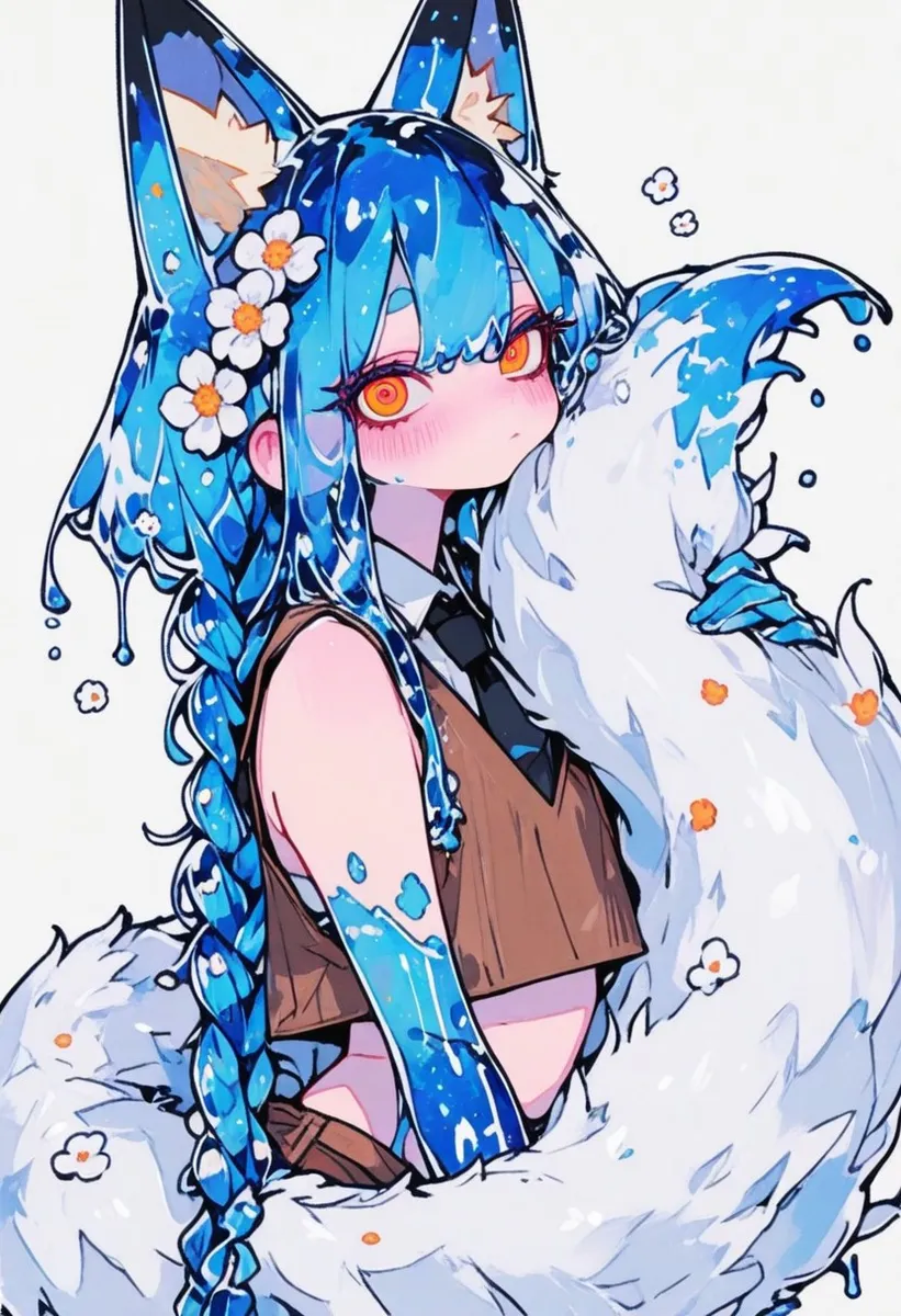 Anime-style girl with fox ears, vibrant blue liquid-like hair braided with white flowers, orange eyes, blushing cheeks, hugging her fluffy white fox tail.